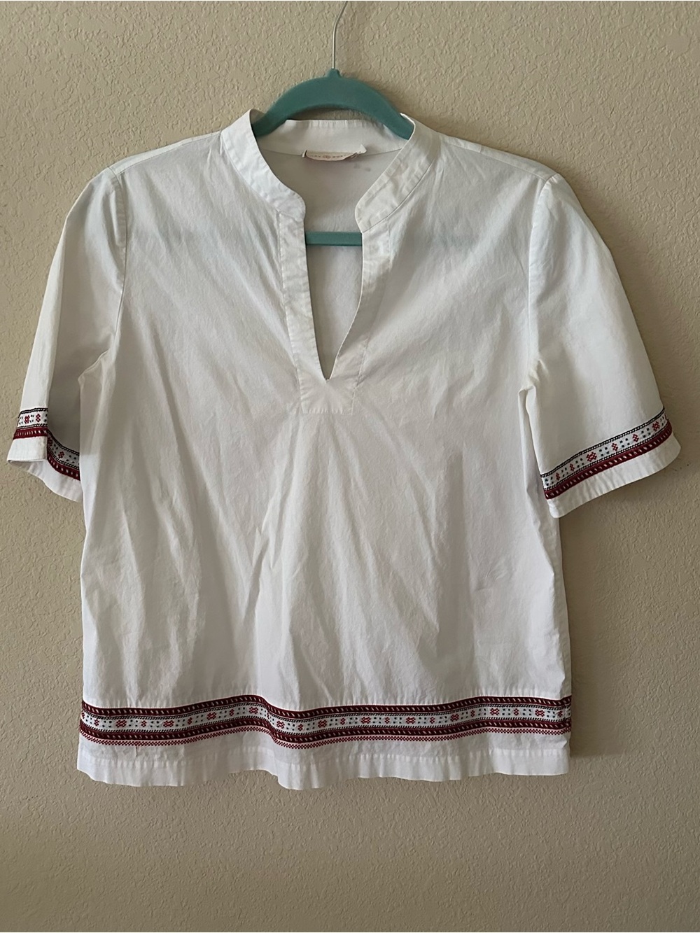 Tory Burch White Short-Sleeve Shirt with Burgundy Trim size 4 Cotton blend